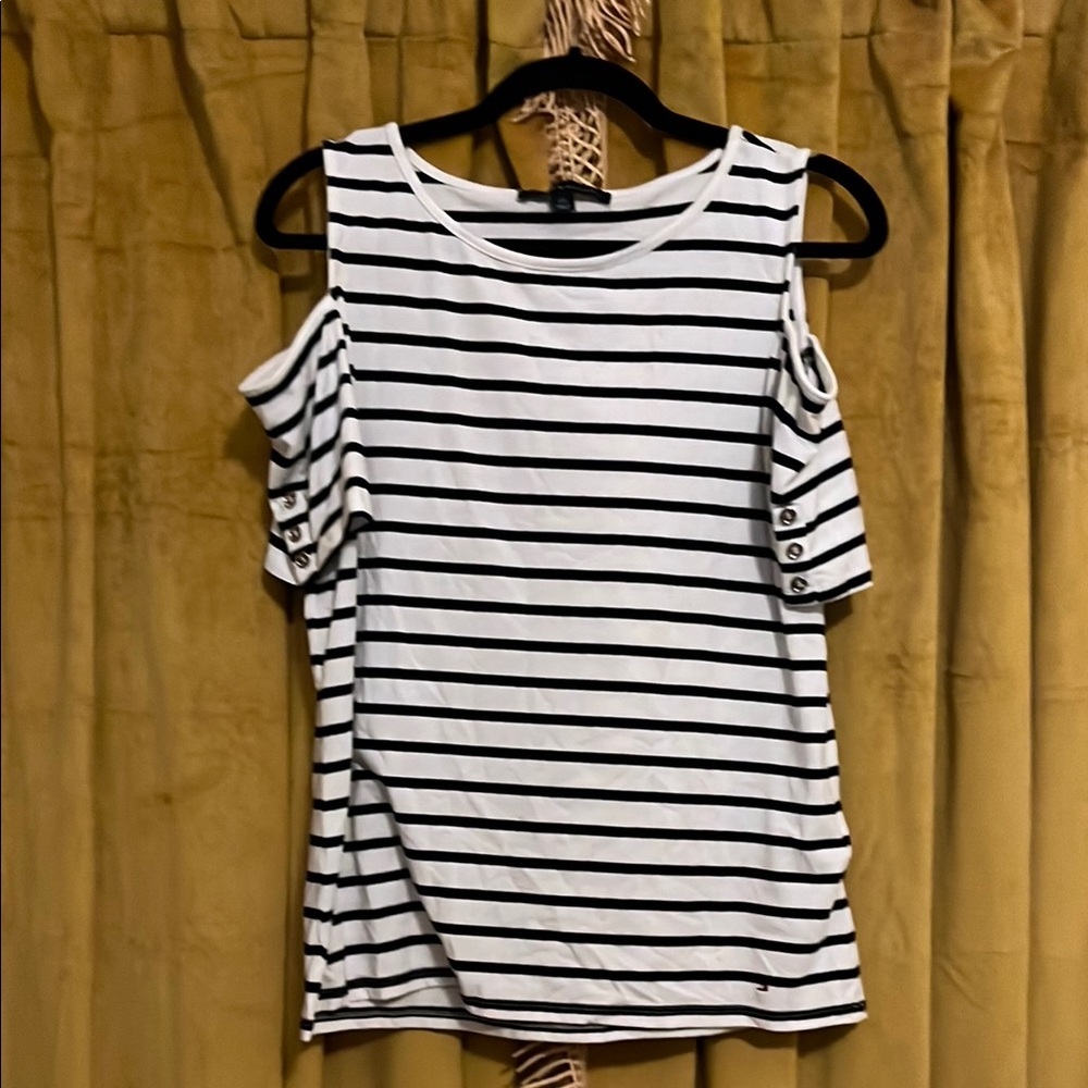 Tommy Hilfiger Black and White Striped Cold Shoulder Blouse